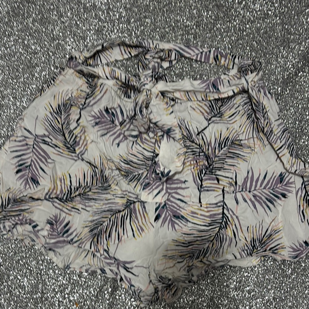 Cream and Purple High Waist Shorts with Tropical Flair